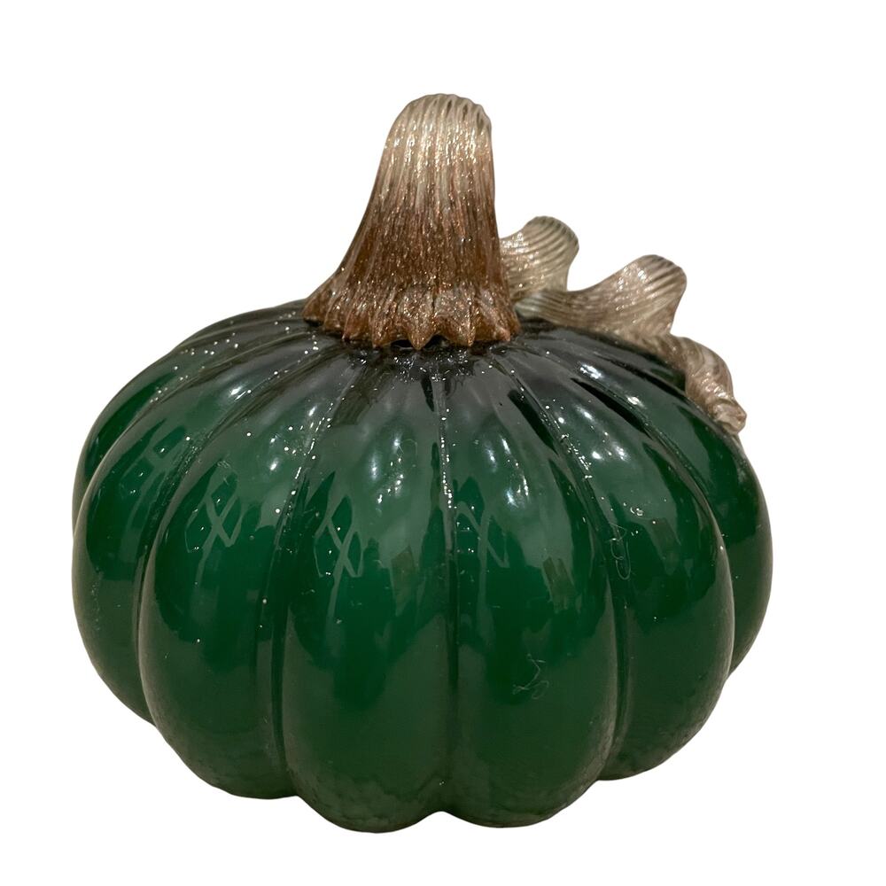 CHRISTIAN SIRIANO Hand Blown Art Glass Pumpkin Emerald Green Gold Stem New - Picture 6 of 10